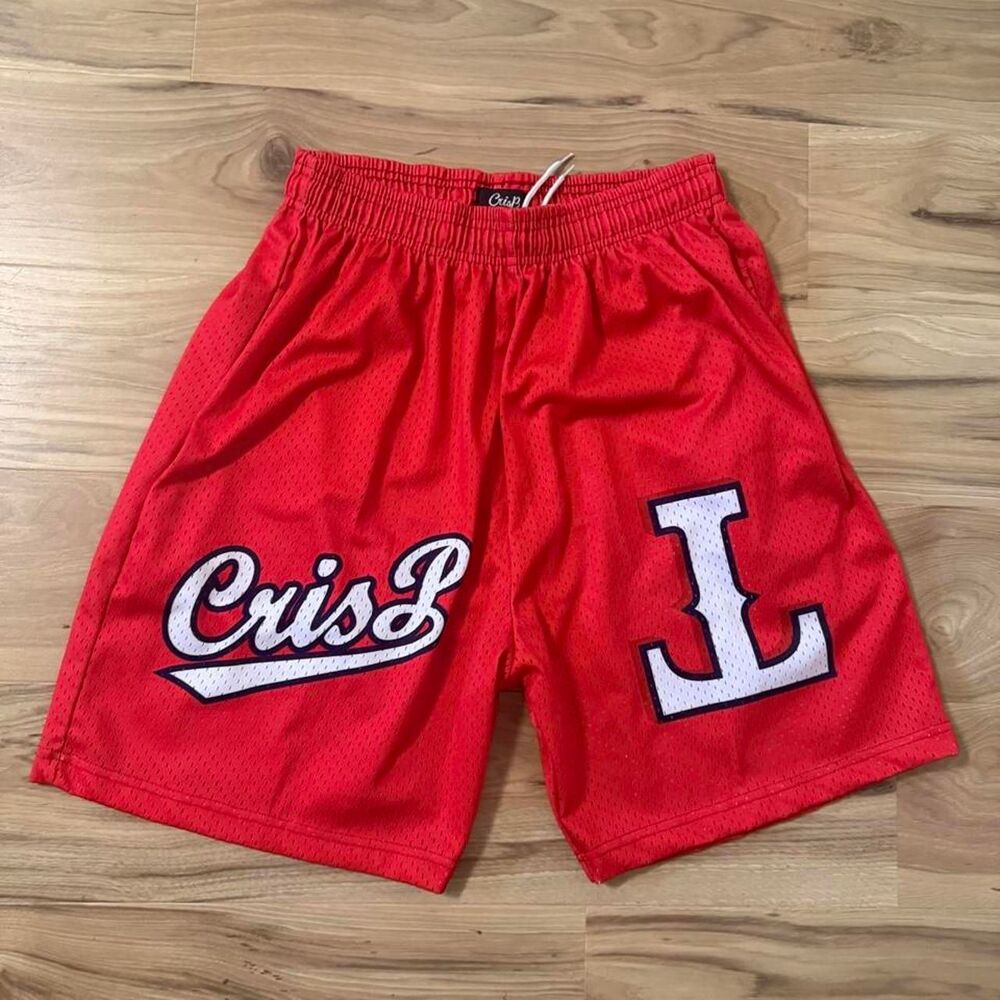 Crisp NYC Men’s Mesh Basketball Shorts Red Varsity Letter T Script Logo Sz Large